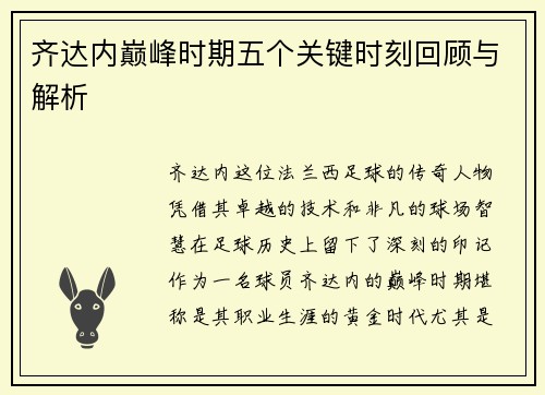 齐达内巅峰时期五个关键时刻回顾与解析