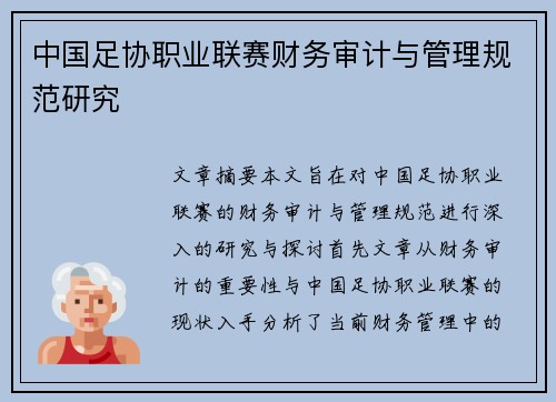 中国足协职业联赛财务审计与管理规范研究 中国足协职业联赛财务审计与管理规范研究