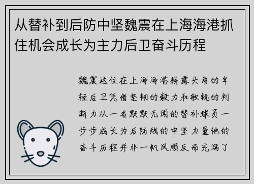 从替补到后防中坚魏震在上海海港抓住机会成长为主力后卫奋斗历程